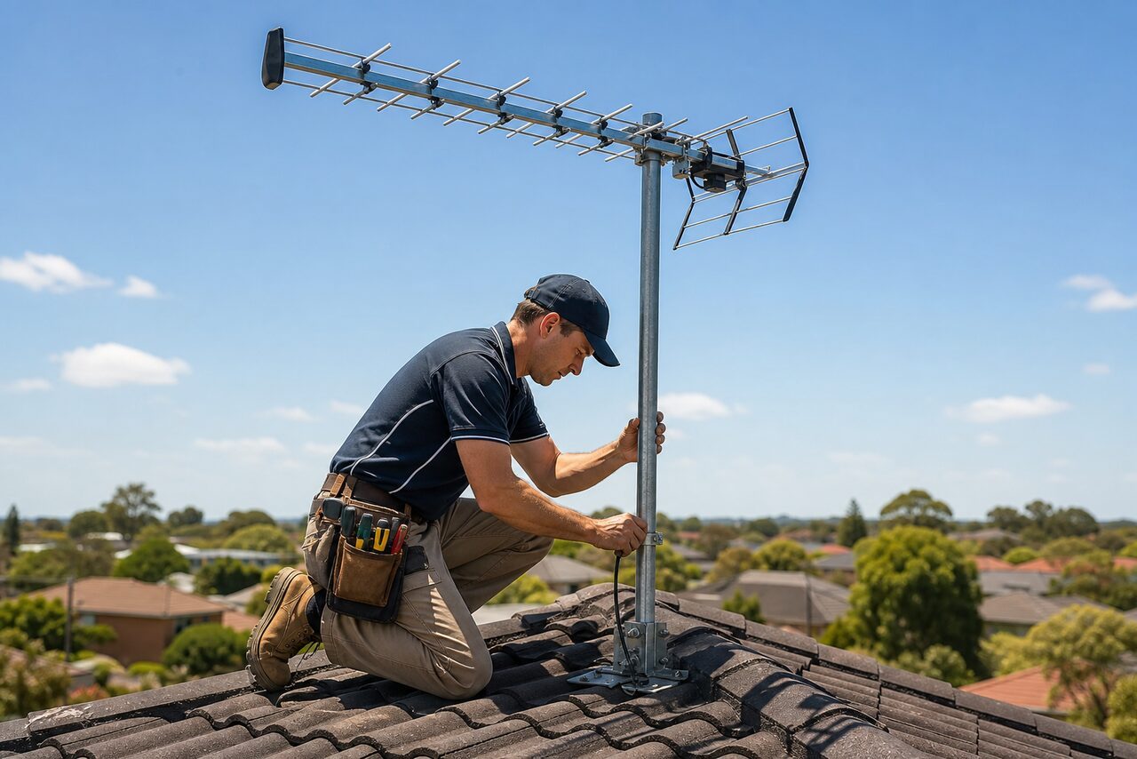 Active Audio & TV technician installing a digital TV antenna above the Gold Coast